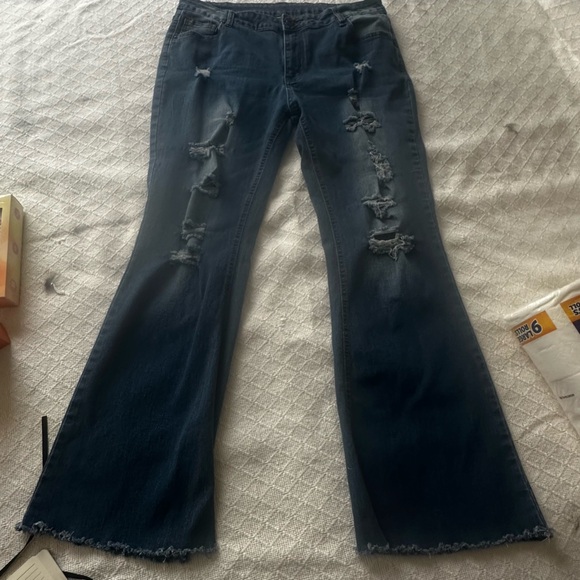 None Denim - Trendy Distressed Flare Jeans in Dark Blue